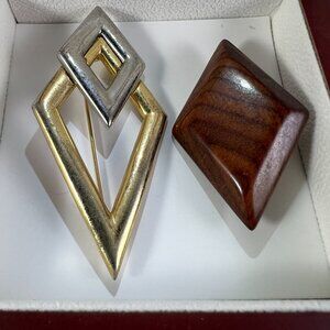 Vintage Gold & Silver Tone Geometric Brooch And Wooden Diamond Pin Set